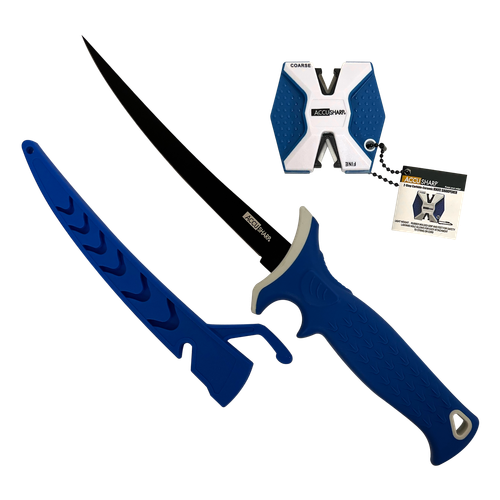 AccuSharp 736C Fillet w/Sharpener  6.50" Fixed Fillet Plain Satin Titanium Coated Stainless Steel Blade/Royal Blue Ergonomic Anti-Slip Rubber Handle Includes 2-Step Sharpener