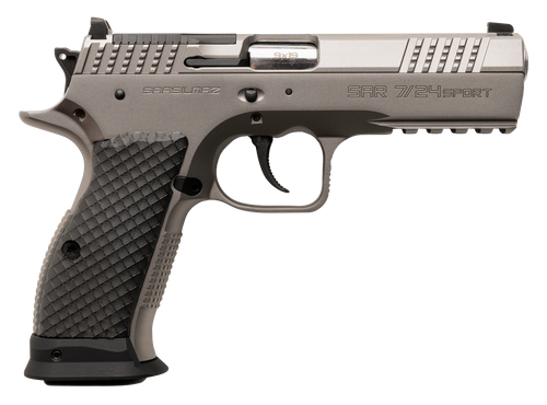 Sarsilmaz SAR7/24SPT 7/24  9mm Luger 17+1 4.40" Stainless Barrel, Matte Stainless Steel Optic Cut/Serrated Slide, Matte Stainless Steel Frame w/Beavertail & Picatinny Rail, Black Polymer Grip