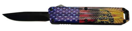 Xcaliber Knife Company  Don't Tread on Me  Small 2.75" OTF Drop Point Plain Black 440C SS Blade, 4.15" US Flag Aluminum Handle