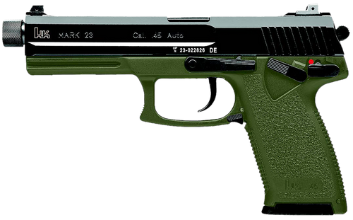 HK 81001074 Mark 23  45 ACP 12+1 5.87" Black Threaded Barrel, Black Cerakote Serrated Steel Slide, OD Green Polymer Frame w/Accessory Rail, Textured Grip