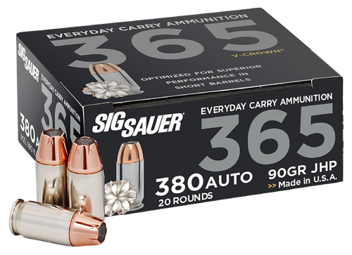 Sig Sauer E380A136520 Elite Performance 365 380ACP 90gr V-Crown Jacketed Hollow Point 20 Per Box/10 Case