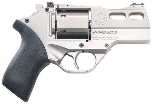 Chiappa Firearms CF340290 Rhino 30SAR *CA Compliant Small Frame 357 Mag 6 Shot, 3" Nickel-Plated Steel Vent Rib Barrel & Cylinder, Nickel-Plated Aluminum Frame, Black Rubber Grip, Concealed Hammer