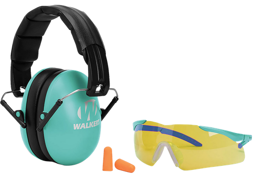 Walker's GWPYWFM2GFPLTL Folding Muff Combo 23 dB Over the Head Folding Muff, Foam Ear Plugs, Shooting Glasses Black/Teal Polymer Fits Youth/Women