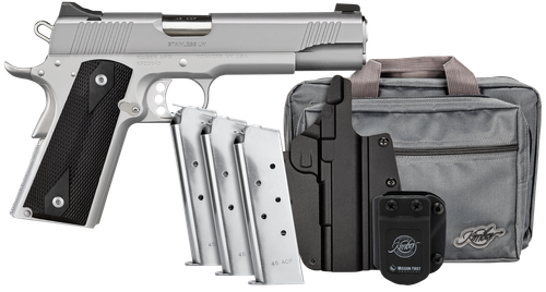 Kimber Mfg, Inc 3700826 Stainless LW Club Bundle Full Size Frame 45 ACP 7+1 5" Stainless Match Grade Barrel, Serrated Stainless Steel Slide, Stainless Aluminum Frame w/Beavertail, Black Textured Grip