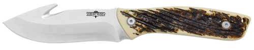 Camillus 19247 Western Crosstrail 4.25" Fixed Gut Hook Plain Silver 420 Steel Titanium Bonded Blade, Stag/Antler Delrin Handle, Includes Belt Loop/Sheath