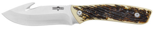 Camillus 19247 Western Crosstrail 4.25" Fixed Gut Hook Plain Silver 420 Steel Titanium Bonded Blade, Stag/Antler Delrin Handle, Includes Belt Loop/Sheath