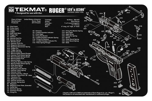 TekMat TEKR17RUGERLC9 Ruger LC9 Cleaning Mat Black/White Rubber 11"x17" Ruger LC9 Parts Diagram