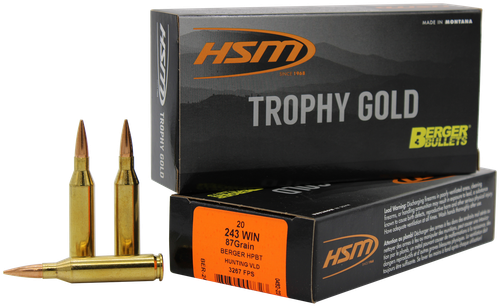 HSM 24387VLD Trophy Gold Extended Range 243 Win 87 gr Berger Hybrid Tactical Open Tip Match 20 Per Box/ 25 Case