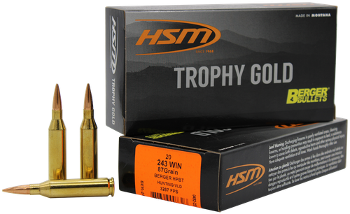 HSM 24387VLD Trophy Gold Extended Range 243 Win 87 gr Berger Hybrid Tactical Open Tip Match 20 Per Box/ 25 Case