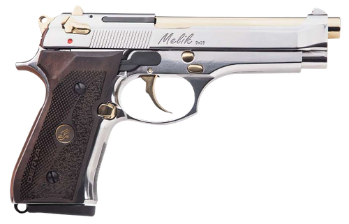 Derya Firearms 15L.MELIK9.NG.TR Melik  9mm Luger 15+1 4.90" Gold TiN Steel Barrel, Black Melonite Serrated Steel Slide,  Black Aluminum Frame, Black Polymer Grip