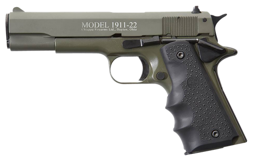 Chiappa Firearms 401121 1911-22  22 LR 10+1 5" OD Green Serrated Steel Slide & Beavertail Frame, Black Hogue Rubber w/Finger Grooves Grip