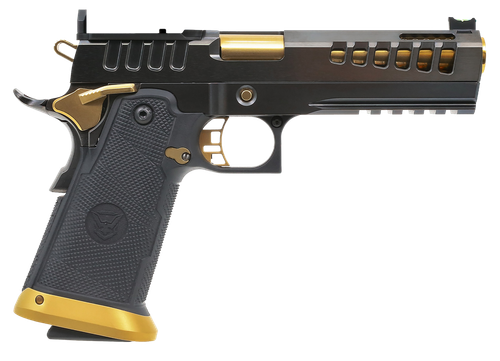 Watchtower Firearms DEMOLITIA9MM5ELITE Demolitia  Full Size Frame 9mm Luger 20+1 5" Gold Plated PVD Ported Barrel, Graphite PVD Optic Cut/Serrated Steel Slide, Graphite PVD Frame, Black Textured Grip