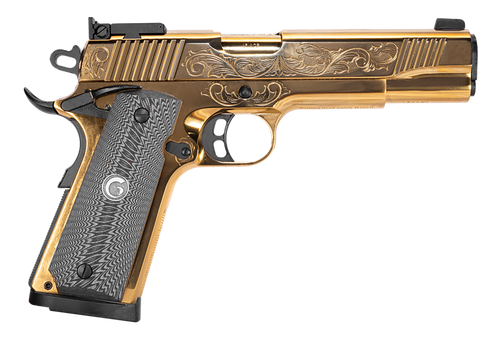 Girsan 390093 MC1911 S Lux 45 ACP 8+1 5" Gold Plated PVD Steel Barrel, Gold Finish Engraved Serrated w/Engraving Steel Slide, Gold Plated Steel Frame, Black G10 Grip