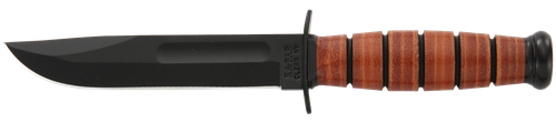 Ka-Bar 1250 Short USMC 5.25" Fixed Clip Point Plain Black 1095 Cro-Van Blade, Brown Leather Handle, Includes Sheath