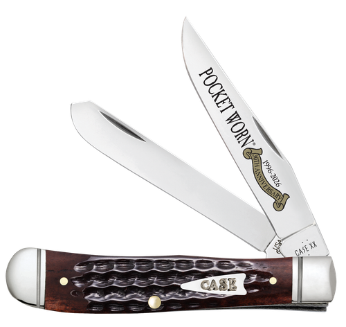 Case 55231 Pocket Worn Trapper Mini Folding 2.75" Clip Point & Spey Plain Mirror Polished Tru-Sharp SS Blades, Corn Cob Jigged Mahogany Bone Handle