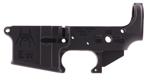 Spikes STLS019 Spider Stripped Lower Receiver with Billet Markings Multi-Caliber 7075-T6 Aluminum Black Anodized for AR-15