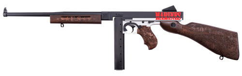 Thompson TM1C6 Marines 250th Anniversary 45 ACP 30+1 16.50" Midnight Blue Cerakote Barrel, Midnight Blue/Stormtrooper White Cerakote Steel Receiver, Engraved Walnut Fixed Stock, Engraved Wood Grip