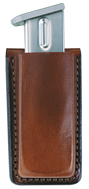 Bianchi 10734 Open Top Mag Pouch  Single Tan Leather Belt Clip Compatible w/ 9mm/10mm/40/45 Belts 1.75" Wide