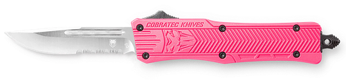 CobraTec Knives SPKCTK1SDS CTK-1  Small 2.75" OTF Drop Point Part Serrated D2 Steel Blade/ Pink Aluminum Handle Features Glass Breaker Includes Pocket Clip