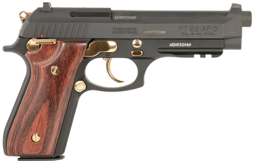Taurus 1-920151GLD-HW1 92  Full Size Frame 9mm 17+1 5" Matte Black Stainless Steel Barrel, Matte Black Serrated Alloy Steel Slide, Matte Black w/Gold Accents Aluminum Frame w/Picatinny Rail, Wood Grip