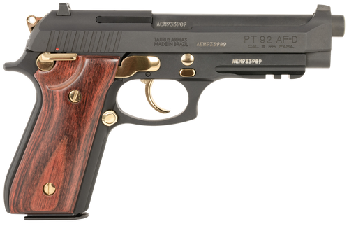 Taurus 1-920151GLD-HW1 92  Full Size Frame 9mm 17+1 5" Matte Black Stainless Steel Barrel, Matte Black Serrated Alloy Steel Slide, Matte Black w/Gold Accents Aluminum Frame w/Picatinny Rail, Wood Grip