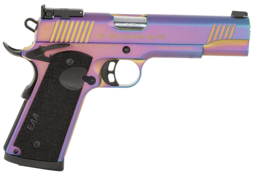 Girsan 391091 MC1911  Full Size Frame 45 ACP 8+1 5" Stainless Bull Barrel, Multi Color PVD Coating Serrated Steel Slide, Multi Color PVD Coating Steel Frame w/Beavertail, Black Textured Grip