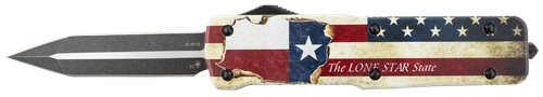 Templar Knife LZTX121 Premium Weighted Texan Large 3.55" OTF Dagger Plain Black Oxide Stonewashed D2 Steel Blade, 5.25" Red/White/Blue w/"The LONE STAR State" Aluminum Zinc Alloy Handle