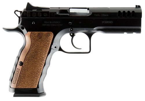 Tanfoglio IFG TFSTOCKI10 Defiant Stock I 10mm Auto Caliber with 4.50" Barrel, 13+1 Capacity, Overall Black Finish Steel, Picatinny Rail/Beavertail Frame, Serrated Slide & Wood Grip
