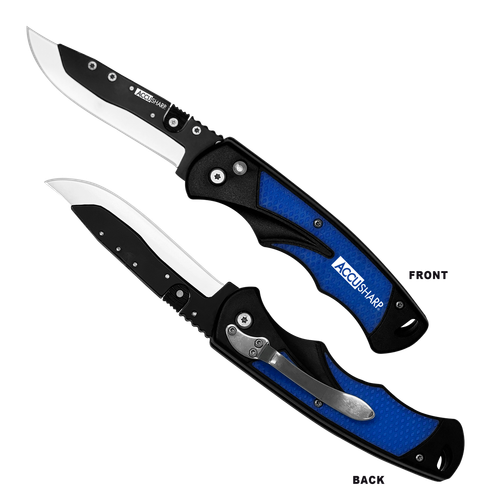 AccuSharp 743C Replaceable Blade Razor  3.50" Folding Plain Stainless Steel Blade/Royal Blue Ergonomic Anti-Slip Anodized Aluminum Handle/Includes 2 Replacement Blades/Belt Clip