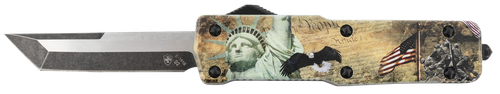 Templar Knife SZLIB221 Premium Weighted Liberty Small 3" OTF Tanto Plain Black Oxide Stonewashed D2 Steel Blade, 4.50" Gold w/Statue of Liberty/Flag/Eagle Aluminum Zinc Alloy Handle