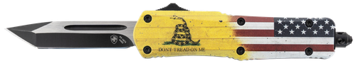 Templar Knife S-DTOM-23-1 Gen II Don't Tread On Me Small 2.69" OTF Plain Black Oxide 440C SS Blade, 4.25" Yellow w/Flag & "Don't Tread On Me" Aluminum Handle, Glass Breaker