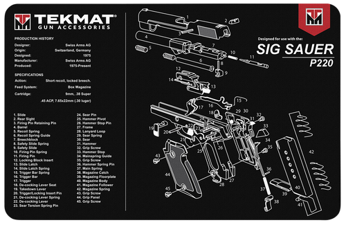 TekMat TEKR17SIGP220 Sig Sauer P220 Cleaning Mat Black/White Rubber 11"x17" Sig Sauer P220 Parts Diagram