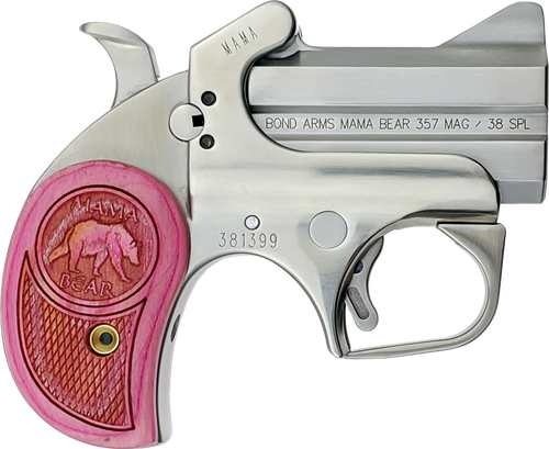 Bond Arms BAMB Mama Bear  357 Mag/38 Special 2rd 2.50" Stainless Steel Double Barrel & Frame, Auto Extractors & Rebounding Hammer, Blade Front/Fixed Rear Sights, Pink Wood Grip, Manual Safety