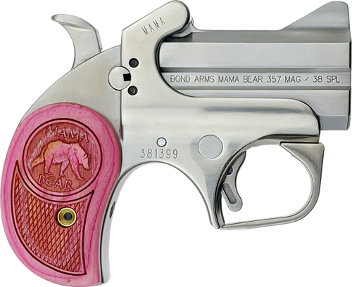 Bond Arms BAMB Mama Bear  357 Mag/38 Special 2rd 2.50" Stainless Steel Double Barrel & Frame, Auto Extractors & Rebounding Hammer, Blade Front/Fixed Rear Sights, Pink Wood Grip, Manual Safety