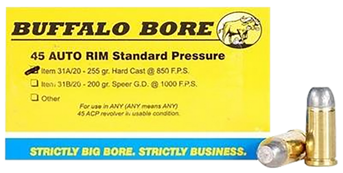 Buffalo Bore Ammunition 31A20 Standard Pressure Strictly Business 45Auto Rim 255gr Hard Cast Flat Nose 20 Per Box/12 Case