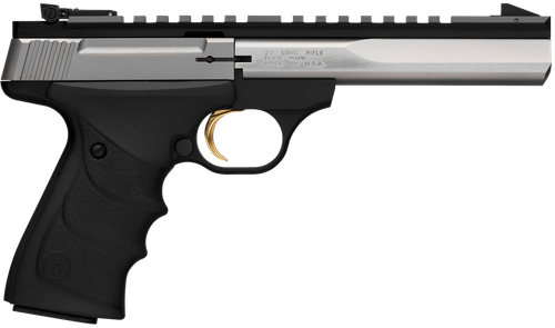 Browning 051507490 Buck Mark Contour 22 LR 10+1, 5.50" Polished Flats Contoured Barrel, Matte Stainless Serrated w/Picatinny Rail Slide, Matte Black Anodized Frame, Black URX Grip, Ambidextrous
