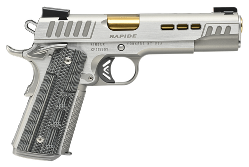 Kimber Mfg.,inc 3000424 Rapide Dawn 10mm Auto 8+1 5" Gold TiN Stainless Steel Barrel, Lightening Cut/Serrated Stainless Steel Slide, Stainless Steel Frame w/Beavertail, Black & Gray G10 Grip