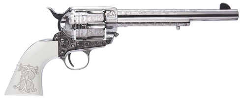 Cimarron PP415LNTRII Teddy Roosevelt Frontier 45 Colt (LC) 6 Shot 7.50" Nickel-Plated Engraved Barrel, Cylinder & Frame, White w/Laser Engraved "T.R." Grip
