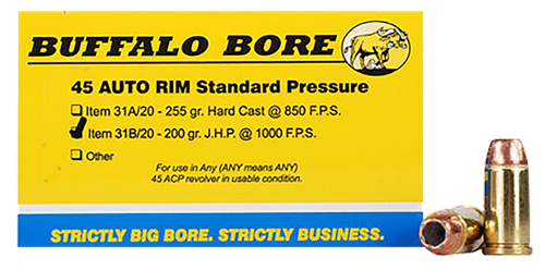 Buffalo Bore Ammunition 31B20 Standard Pressure Strictly Business 45Auto Rim 200gr Jacket Hollow Point 20 Per Box/12 Case