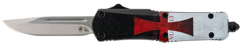 Templar Knife STK332 Gen II Templar Flag Small 2.69" OTF Drop Point Plain Powder Coated 440C SS Blade, 4.31" Templar Flag Aluminum Handle Glass Breaker