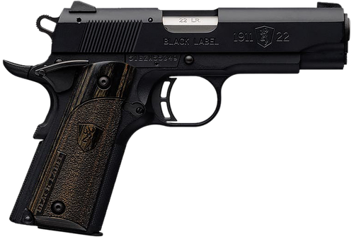 Browning 051815490 1911 Black Label Compact 22 LR 10+1 3.63" Stainless Steel Barrel, Matte Black Serrated Slide & Polymer Frame w/Beavertail, Black Laminate Stippled Grip