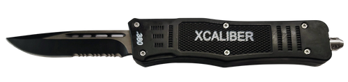 Xcaliber Knife Company  380 ACP  Medium 3.25" OTF Part Serrated Black 440C SS Blade, 4.64" Steel Handle