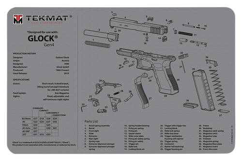 TekMat TEKR17GLOCKG4GY Glock Gen 4 Cleaning Mat Gray Rubber 11"x17" Glock Gen 4 Parts Diagram