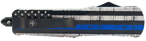 Templar Knife LBTB131 Gen II Back The Blue Large 3.50" OTF Dagger Plain Black Oxide Stonewashed 440C SS Blade, 5.25" Black & White w/Blue Line Aluminum Handle, Glass Breaker