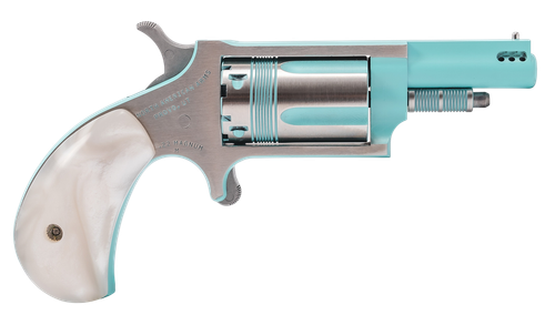 North American Arms 22MPB Iris undefined 22 Mag 5 Shot 1.63" Turquoise Cerakote Ported Barre Matte Stainless Steel Frame, Stainless/Turquoise Cylinder, Faux White Pearl Grip, Exposed Hammer