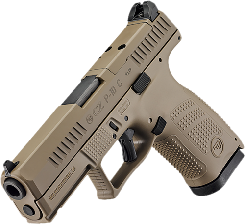 CZ-USA 91577 P-10 C  Compact Frame 9mm Luger 15+1 4.02" Black Stainless Steel Barrel, Black Nitride Serrated Steel Slide, Flat Dark Earth Polymer Frame w/Picatinny Rail, Interchangeable Backstrap Grip