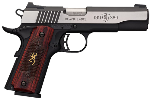 Browning 051914492 1911 Black Label Medallion Pro 380 ACP 8+1 4.25" Target Crown Barrel, Blackened w/Silver Polished Flats Serrated SS Slide, Matte Black Polymer Frame w/Beavertail