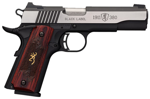 Browning 051914492 1911 Black Label Medallion Pro 380 ACP 8+1 4.25" Target Crown Barrel, Blackened w/Silver Polished Flats Serrated SS Slide, Matte Black Polymer Frame w/Beavertail