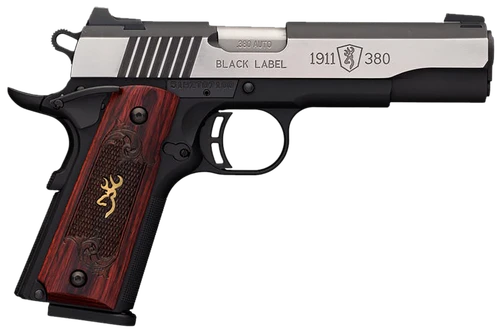 Browning 051914492 1911 Black Label Medallion Pro 380 ACP 8+1 4.25" Target Crown Barrel, Blackened w/Silver Polished Flats Serrated SS Slide, Matte Black Polymer Frame w/Beavertail