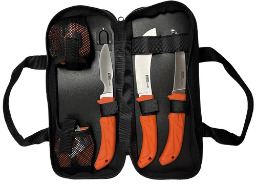 AccuSharp 738C Processing Kit  Fixed Butcher/Caping/Gutting Plain Stainless Steel Blades/Blaze Orange Non-Slip Grip 6 Piece Includes Nylon Case